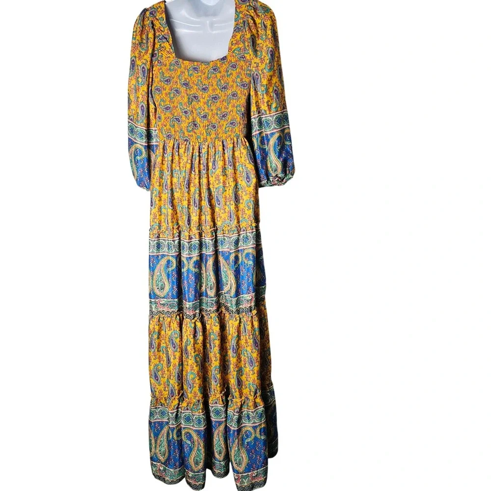 ME2MAGIC Yellow Paisley Smocked Maxi Dress‎ Square Neck Balloon Sleeve Boho M - Picture 12 of 12